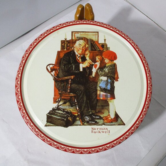 Vintage 1985 Norman Rockwell Ltd Ed Round Cookie Biscuit Tin Doctor & Doll - Picture 2 of 9